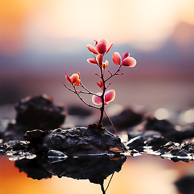 JPG 편집이미지 꽃 분홍색 자연 풍경 사람없음 물 반사 돌_바위 디지털합성 편집실사 AI포토 AI콘텐츠 자연요소 식물 컬러 CG 생태계 파일형식