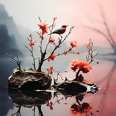 JPG 편집이미지 꽃 분홍색 자연 조류 풍경 사람없음 물 반사 돌_바위 디지털합성 편집실사 AI포토 AI콘텐츠 자연요소 식물 동물 컬러 CG 생태계 파일형식