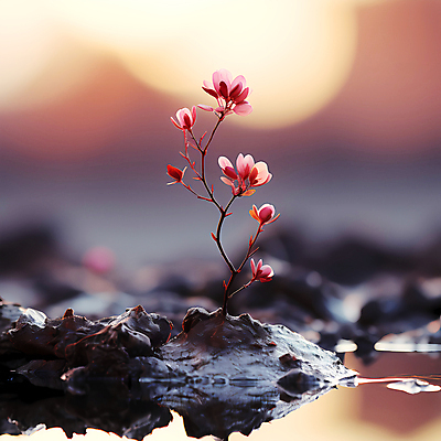 JPG 편집이미지 꽃 분홍색 자연 풍경 사람없음 물 반사 돌_바위 디지털합성 편집실사 AI포토 AI콘텐츠 자연요소 식물 컬러 CG 생태계 파일형식