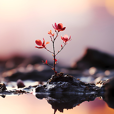 JPG 편집이미지 꽃 분홍색 자연 풍경 사람없음 물 반사 돌_바위 디지털합성 편집실사 AI포토 AI콘텐츠 자연요소 식물 컬러 CG 생태계 파일형식