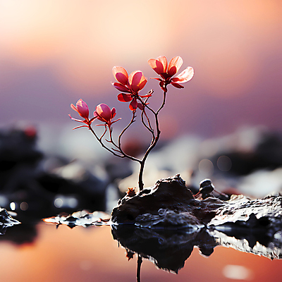 JPG 편집이미지 꽃 분홍색 자연 풍경 사람없음 물 반사 돌_바위 디지털합성 편집실사 AI포토 AI콘텐츠 자연요소 식물 컬러 CG 생태계 파일형식