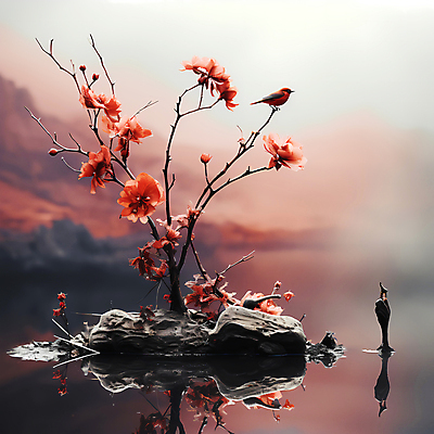 JPG 편집이미지 꽃 분홍색 자연 조류 풍경 사람없음 물 반사 돌_바위 디지털합성 편집실사 AI포토 AI콘텐츠 자연요소 식물 동물 컬러 CG 생태계 파일형식