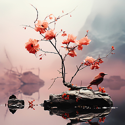 JPG 편집이미지 꽃 분홍색 자연 조류 풍경 사람없음 물 반사 돌_바위 디지털합성 편집실사 AI포토 AI콘텐츠 자연요소 식물 동물 컬러 CG 생태계 파일형식