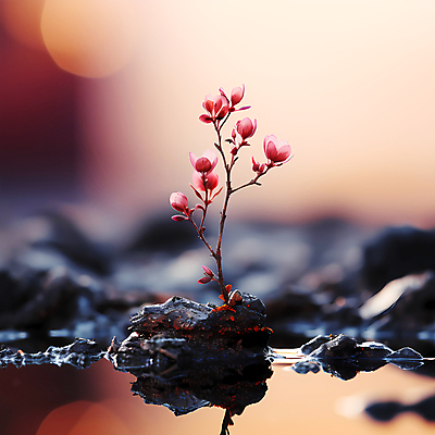 JPG 편집이미지 꽃 분홍색 자연 풍경 사람없음 물 반사 돌_바위 디지털합성 편집실사 AI포토 AI콘텐츠 자연요소 식물 컬러 CG 생태계 파일형식