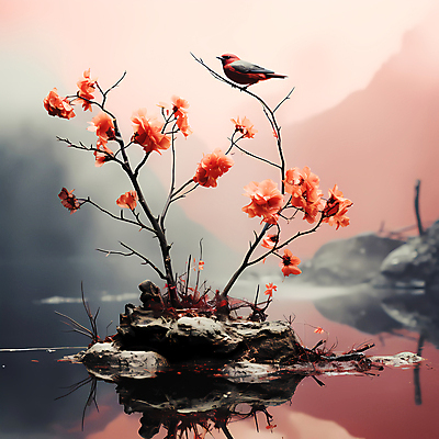 JPG 편집이미지 꽃 분홍색 자연 조류 풍경 사람없음 물 반사 돌_바위 디지털합성 편집실사 AI포토 AI콘텐츠 자연요소 식물 동물 컬러 CG 생태계 파일형식