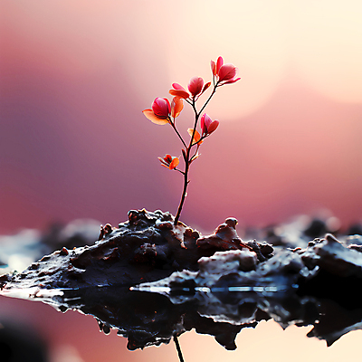 JPG 편집이미지 꽃 분홍색 자연 풍경 사람없음 물 반사 돌_바위 디지털합성 편집실사 AI포토 AI콘텐츠 자연요소 식물 컬러 CG 생태계 파일형식