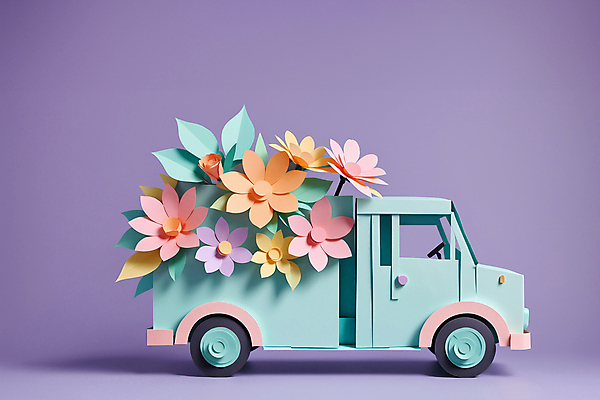 JPG 편집이미지 꽃 사람없음 쇼핑 보라색 페이퍼아트 배송 오브젝트 화물트럭 민트색 파스텔톤 편집실사 AI포토 AI콘텐츠 식물 컬러 트럭 CG 파일형식