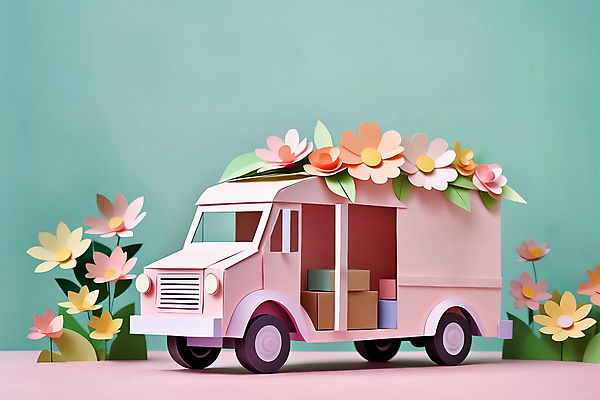 JPG 편집이미지 꽃 분홍색 사람없음 선물상자 쇼핑 페이퍼아트 배송 오브젝트 화물트럭 민트색 파스텔톤 편집실사 AI포토 AI콘텐츠 식물 컬러 선물 상자 트럭 CG 파일형식