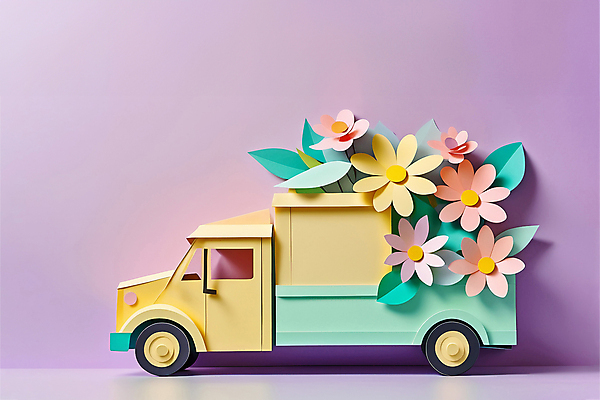 JPG 편집이미지 꽃 사람없음 선물상자 쇼핑 페이퍼아트 배송 오브젝트 연보라색 화물트럭 파스텔톤 편집실사 AI포토 AI콘텐츠 식물 컬러 선물 상자 보라색 트럭 CG 파일형식