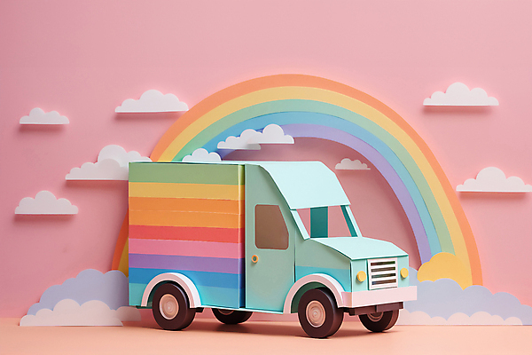 JPG 구름 편집이미지 분홍색 무지개 사람없음 쇼핑 페이퍼아트 배송 오브젝트 화물트럭 무지개색 파스텔톤 편집실사 AI포토 AI콘텐츠 자연요소 컬러 컬러풀 트럭 CG 파일형식