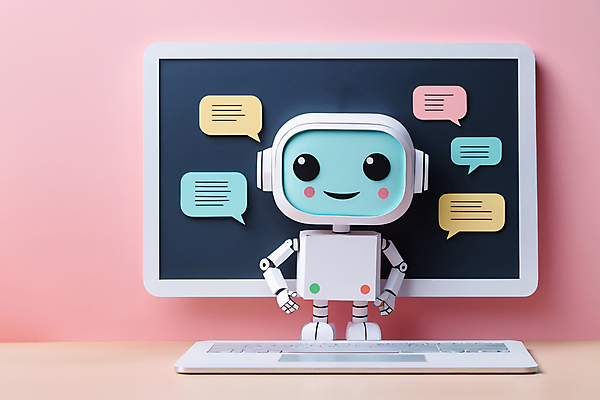 JPG 편집이미지 캐릭터 교육 분홍색 말풍선 사람없음 디지털 모니터 키보드 페이퍼아트 로봇 민트색 채팅봇 편집실사 AI포토 AI콘텐츠 컬러 컴퓨터 CG 파일형식 AI_인공지능