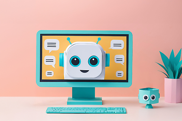 JPG 편집이미지 캐릭터 교육 화분 말풍선 대화 사람없음 디지털 모니터 키보드 페이퍼아트 로봇 채팅 채팅봇 편집실사 AI포토 AI콘텐츠 말하기 컴퓨터 CG 파일형식 AI_인공지능