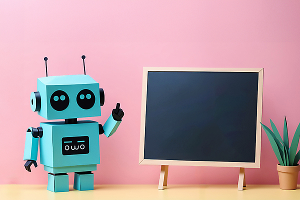 JPG 편집이미지 캐릭터 교육 화분 분홍색 사람없음 디지털 칠판 가리킴 페이퍼아트 로봇 민트색 채팅봇 편집실사 AI포토 AI콘텐츠 컬러 손짓 CG 파일형식 AI_인공지능