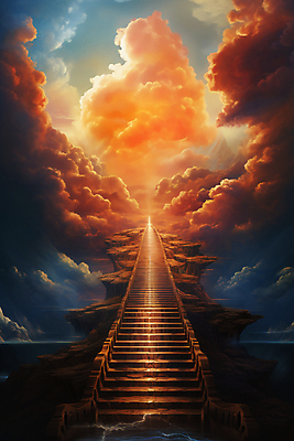 JPG 구름 편집이미지 기독교 하늘 사람없음 빛 계단 주황색 천국 몽환 환상 편집실사 AI컴퓨터그래픽 AI콘텐츠 자연요소 종교 컬러 컨셉 CG 파일형식