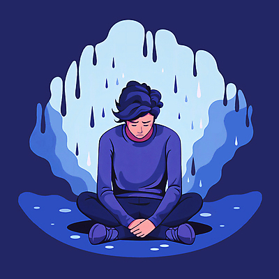 JPG 전신 남자 일러스트 한명 성인 파란색 흐름 슬픔 물방울 눈물 가부좌 손모으기 무기력 우울감 우울증 성인남자한명만 정신건강 국내일러스트 AI일러스트 AI콘텐츠 1 감정 컬러 컨셉 건강 사람 앉기 손짓 질병 남자한명만 성인남자만 파일형식
