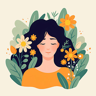 JPG 여자 꽃 일러스트 나뭇잎 한명 상반신 성인 치료 평화 눈감음 치유 성인여자한명만 정신건강 차분 국내일러스트 AI일러스트 AI콘텐츠 식물 1 컨셉 잎 의학 모션 건강 사람 여자한명만 성인여자만 파일형식