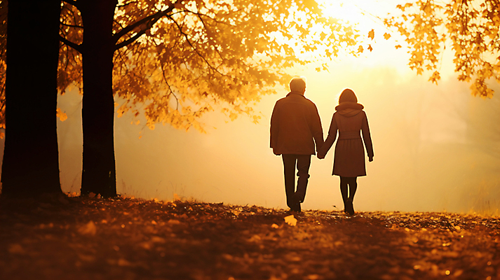 JPG 전신 편집이미지 공원 여자 남자 단풍 휴식 풍경 성인 두명 걷기 손잡기 산책 가을 역광 성인만 편집실사 AI포토 AI콘텐츠 계절 공공시설 컨셉 잎 모션 사람 CG 파일형식