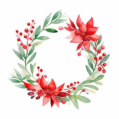 JPG 열매 꽃 크리스마스 겨울 일러스트 나뭇잎 수채화 사람없음 빨간색 오브젝트 포인세티아 크리스마스리스 국내일러스트 AI일러스트 AI콘텐츠 식물 계절 기념일 컬러 잎 화환 파일형식