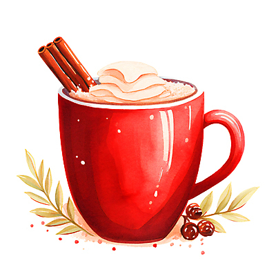 JPG 크리스마스 겨울 일러스트 나뭇잎 수채화 사람없음 빨간색 머그컵 크림 오브젝트 코코아 시나몬스틱 국내일러스트 AI일러스트 AI콘텐츠 계절 기념일 음료 컬러 잎 컵 시나몬 파일형식