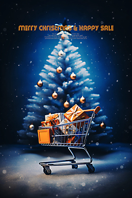 PSD 편집이미지 사람없음 파란색 선물상자 크리스마스트리 세일 쇼핑카 카피스페이스 이미지편집 컬러 크리스마스 선물 쇼핑 상자 카트 공백 파일형식