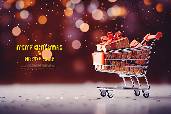PSD 편집이미지 크리스마스 사람없음 선물상자 세일 쇼핑카 보케 카피스페이스 이미지편집 기념일 선물 쇼핑 상자 카트 공백 파일형식