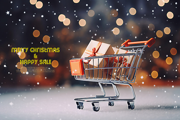 PSD 편집이미지 크리스마스 사람없음 선물상자 세일 쇼핑카 눈 보케 카피스페이스 이미지편집 자연요소 기념일 날씨 선물 쇼핑 상자 카트 공백 파일형식