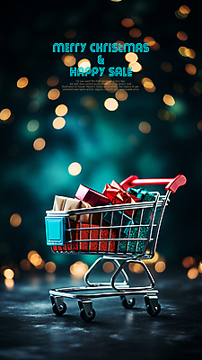 PSD 편집이미지 크리스마스 사람없음 선물상자 세일 쇼핑카 보케 카피스페이스 이미지편집 기념일 선물 쇼핑 상자 카트 공백 파일형식
