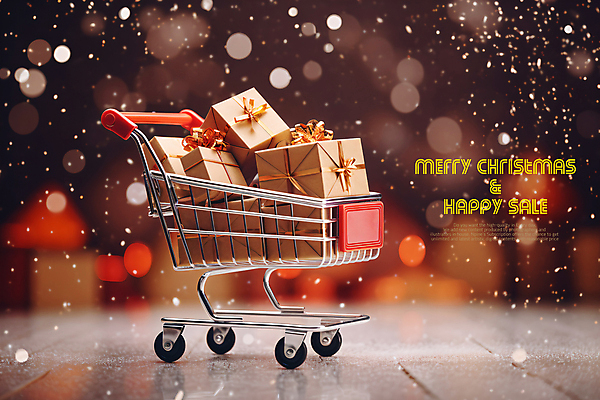 PSD 편집이미지 크리스마스 사람없음 선물상자 세일 쇼핑카 눈 보케 카피스페이스 이미지편집 자연요소 기념일 날씨 선물 쇼핑 상자 카트 공백 파일형식