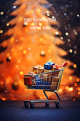 PSD 편집이미지 사람없음 선물상자 크리스마스트리 세일 쇼핑카 보케 카피스페이스 이미지편집 크리스마스 선물 쇼핑 상자 카트 공백 파일형식