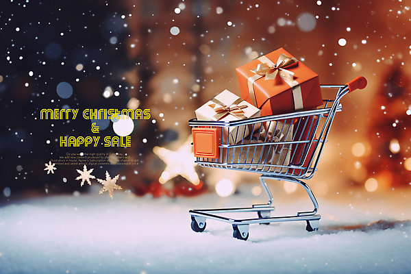 PSD 편집이미지 크리스마스 눈꽃 사람없음 선물상자 세일 쇼핑카 보케 카피스페이스 이미지편집 기념일 눈_날씨 선물 쇼핑 상자 카트 공백 파일형식