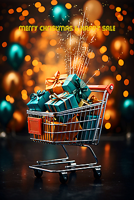 PSD 편집이미지 크리스마스 사람없음 선물상자 세일 쇼핑카 보케 카피스페이스 이미지편집 기념일 선물 쇼핑 상자 카트 공백 파일형식