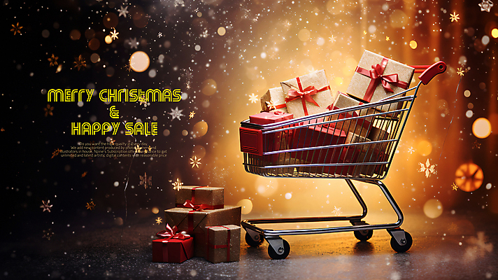 PSD 편집이미지 크리스마스 눈꽃 사람없음 선물상자 세일 쇼핑카 보케 카피스페이스 이미지편집 기념일 눈_날씨 선물 쇼핑 상자 카트 공백 파일형식