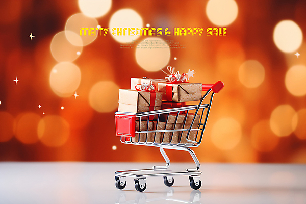 PSD 편집이미지 크리스마스 사람없음 선물상자 세일 주황색 쇼핑카 보케 카피스페이스 이미지편집 기념일 컬러 선물 쇼핑 상자 카트 공백 파일형식