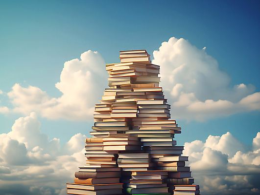 JPG 구름 편집이미지 교육 하늘 성공 사람없음 쌓기 꿈 교양 디지털합성 책더미 학구열 편집실사 AI포토 AI콘텐츠 자연요소 컨셉 모션 책 CG 열정 무더기 파일형식