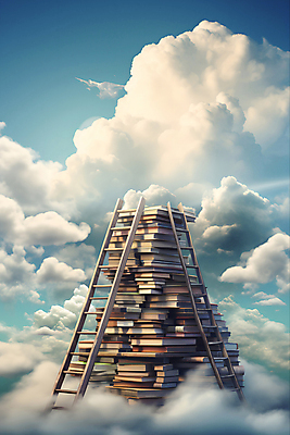 JPG 구름 편집이미지 교육 사다리 하늘 성공 사람없음 쌓기 꿈 교양 디지털합성 책더미 학구열 편집실사 AI포토 AI콘텐츠 자연요소 컨셉 모션 책 도구 CG 열정 무더기 파일형식