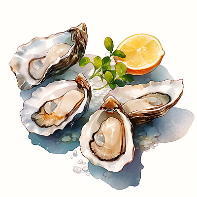 JPG 일러스트 식재료 조개 수채화 사람없음 굴 레몬 해산물 국내일러스트 AI일러스트 AI콘텐츠 과일 어패류 파일형식