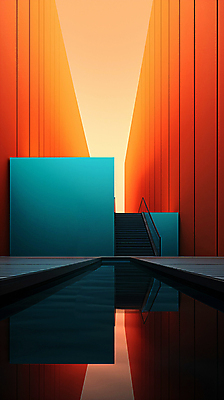 JPG 편집이미지 건축물 디자인 추상 사람없음 그래픽 반사 계단 주황색 공간 디지털합성 심플 비어있는 이미지편집 편집실사 AI포토 AI콘텐츠 건축 컬러 무늬 CG 파일형식