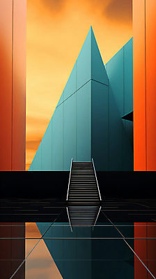 JPG 편집이미지 건축물 디자인 하늘 추상 사람없음 그래픽 반사 계단 주황색 공간 삼각형 디지털합성 심플 비어있는 이미지편집 편집실사 AI포토 AI콘텐츠 도형 건축 컬러 무늬 CG 파일형식