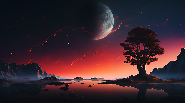 JPG 나무 편집이미지 자연 풍경 사람없음 반사 우주 일몰 행성 신비 디지털합성 편집실사 AI컴퓨터그래픽 AI콘텐츠 식물 컨셉 노을 CG 생태계 파일형식