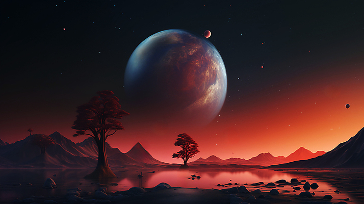 JPG 나무 편집이미지 자연 풍경 사람없음 빨간색 우주 행성 신비 디지털합성 편집실사 AI컴퓨터그래픽 AI콘텐츠 식물 컬러 컨셉 CG 생태계 파일형식