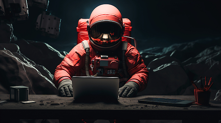 JPG 편집이미지 탁자 한명 사람 앉기 상반신 성인 노트북 우주 사무용품 행성 우주비행사 신비 디지털합성 우주복 성인한명만 편집실사 AI인물포토 AI콘텐츠 1 옷 가구 컨셉 모션 문구용품 전자제품 CG 성인만 파일형식 AI포토