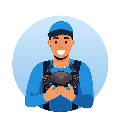 PSD 남자 일러스트 식재료 요리 한명 들기 상반신 성인 파란색 꽃게 게 어부 해산물 이슈 성인남자한명만 국내일러스트 직업 1 컬러 모션 갑각류 사람 남자한명만 성인남자만 파일형식