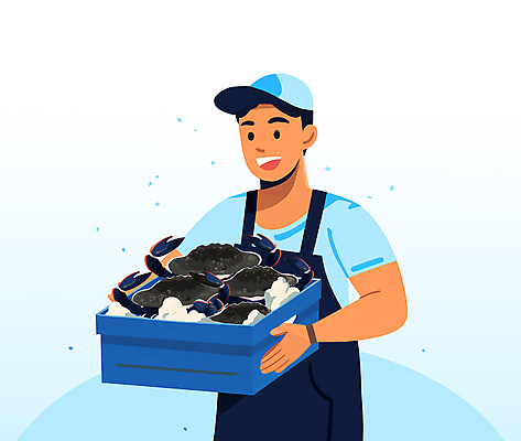 PSD 남자 일러스트 식재료 요리 한명 들기 상반신 성인 파란색 상자 꽃게 게 어부 해산물 아이스박스 이슈 성인남자한명만 국내일러스트 직업 1 컬러 모션 갑각류 사람 남자한명만 성인남자만 파일형식