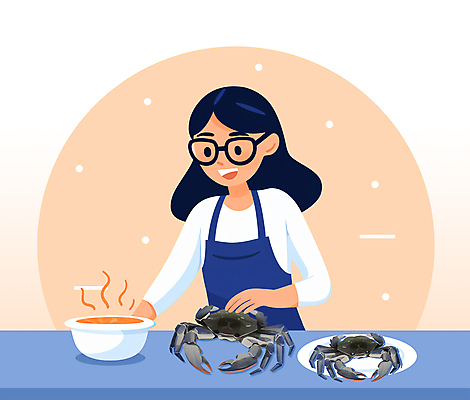 PSD 여자 일러스트 식재료 엄마 요리 한명 상반신 성인 파란색 꽃게 게 해산물 이슈 성인여자한명만 안경낌 국내일러스트 1 안경 컬러 가족 갑각류 사람 여자한명만 성인여자만 파일형식