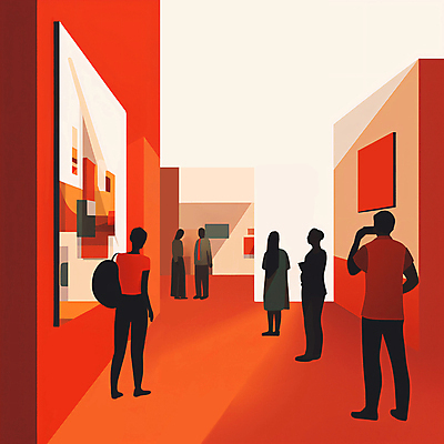 JPG 전신 여자 남자 문화 여유 액자 일러스트 서기 여러명 성인 빨간색 전시 미술관 전시회 구경 박물관 작품 관람 문화생활 성인만 문화의날 국내일러스트 AI일러스트 AI콘텐츠 라이프스타일 감정 컬러 다수 모션 미술 사람 파일형식 법정기념일