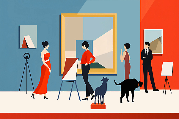 JPG 전신 드레스 여자 남자 문화 여유 포즈 액자 일러스트 서기 정장 여러명 성인 조각상 전시 미술관 구경 이젤 박물관 작품 관람 삼각대 문화생활 아티스트 성인만 문화의날 국내일러스트 AI일러스트 AI콘텐츠 직업 라이프스타일 옷 감정 다수 모션 미술 사람 조형물 미술도구 파일형식 법정기념일