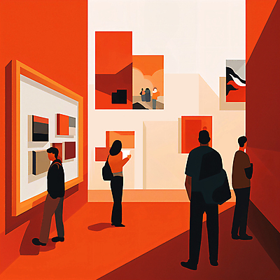 JPG 전신 여자 남자 문화 여유 액자 일러스트 서기 여러명 성인 빨간색 전시 미술관 구경 박물관 작품 관람 문화생활 성인만 문화의날 국내일러스트 AI일러스트 AI콘텐츠 라이프스타일 감정 컬러 다수 모션 미술 사람 파일형식 법정기념일