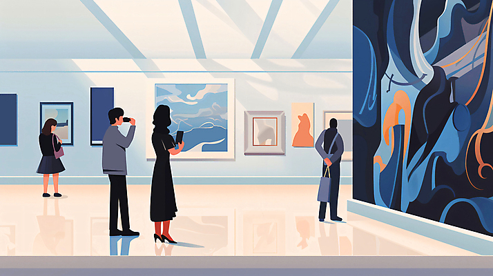 JPG 전신 여자 남자 문화 여유 벽 액자 가방 일러스트 서기 들기 여러명 성인 전시 미술관 전시회 구경 박물관 작품 관람 문화생활 성인만 문화의날 국내일러스트 AI일러스트 AI콘텐츠 라이프스타일 잡화 감정 다수 모션 미술 사람 파일형식 법정기념일