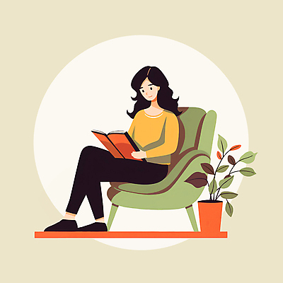 JPG 전신 여자 화분 문화 여유 일러스트 휴식 나뭇잎 한명 앉기 성인 책 소파 독서 교양 문화생활 성인여자한명만 문화의날 차분 국내일러스트 AI일러스트 AI콘텐츠 1 라이프스타일 감정 컨셉 잎 의자 모션 사람 여자한명만 성인여자만 파일형식 법정기념일