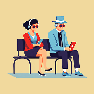 JPG 전신 응시 여자 남자 문화 여유 벤치 일러스트 들기 앉기 성인 두명 태블릿 선글라스 헤드폰 음악감상 문화생활 성인만 문화의날 국내일러스트 AI일러스트 AI콘텐츠 라이프스타일 시선 감정 안경 음향기기 의자 모션 사람 전자제품 스마트기기 감상 파일형식 법정기념일